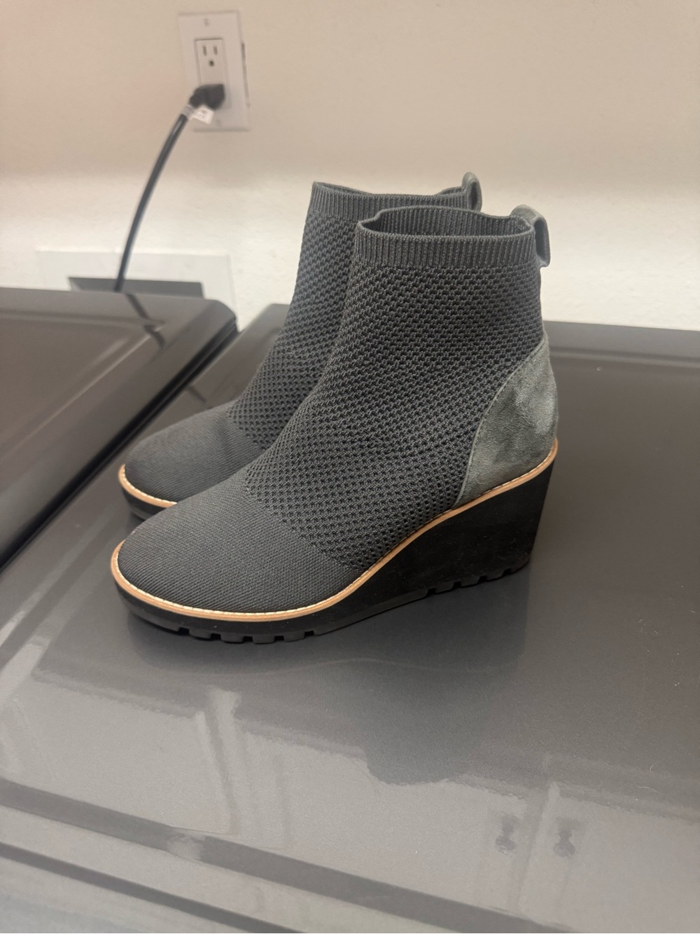 Eileen Fisher Charcoal Knit Wedge Ankle Booties